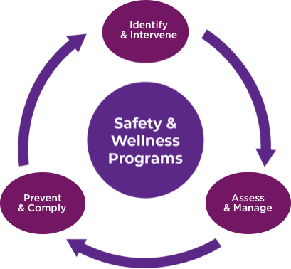 A diagram with a circle in the center "Safety and Wellness Programs" with three ovals orbiting the central circle, "Identify and intervene," "Assess and manage," and Prevent and comply,"  with circular arrows connecting them. 