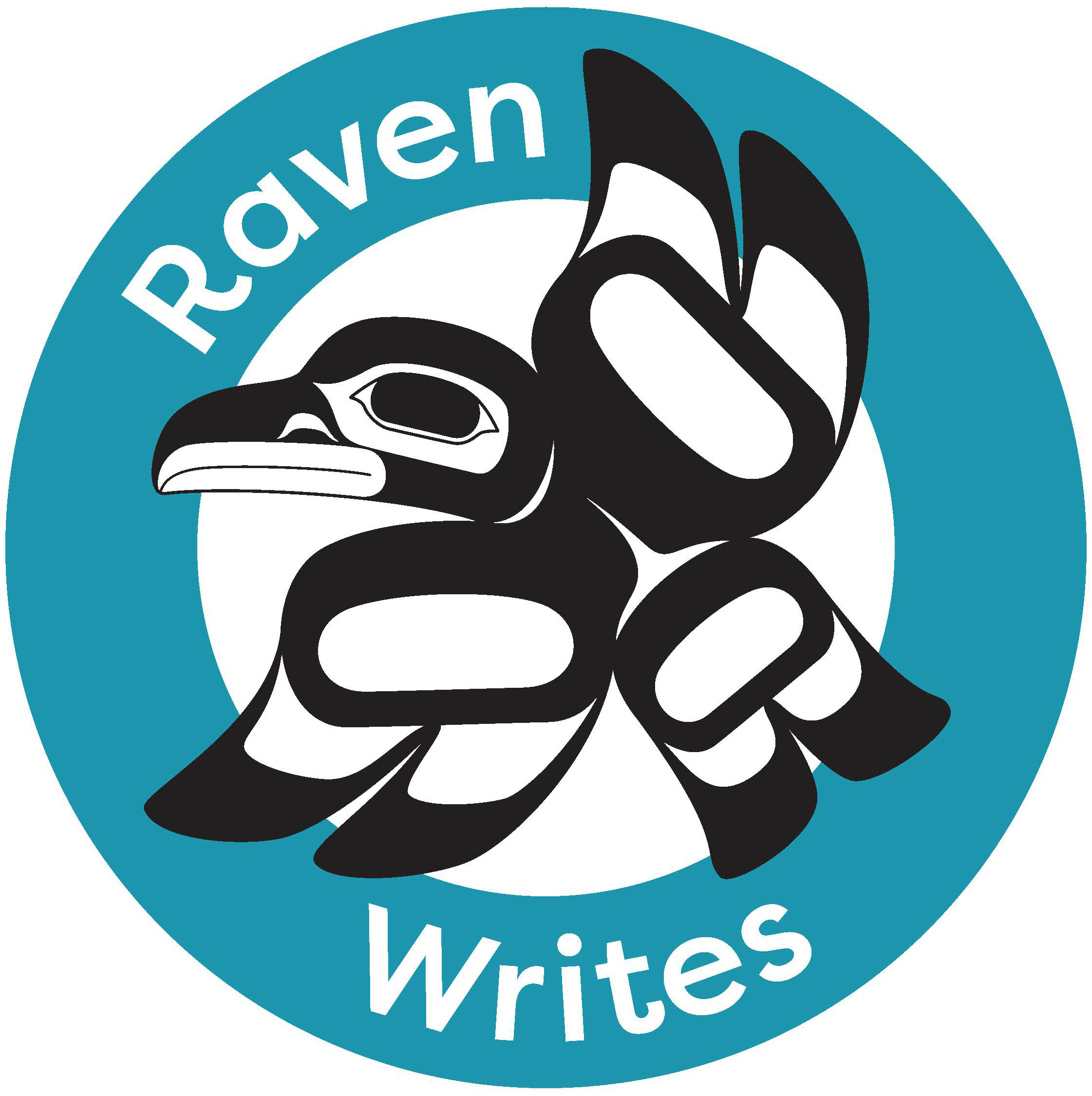 The Raven Writes logo shows an Alaska Native formline design baby raven in flight. 